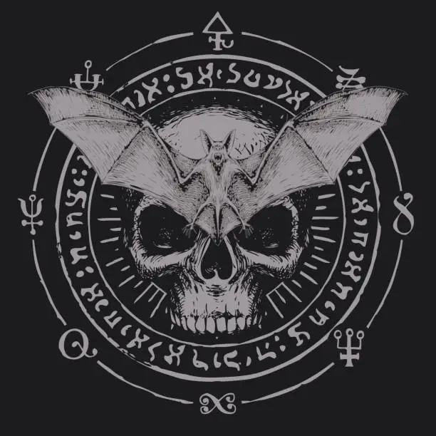 Vector illustration of occult hand-drawn banner with bat and human skull