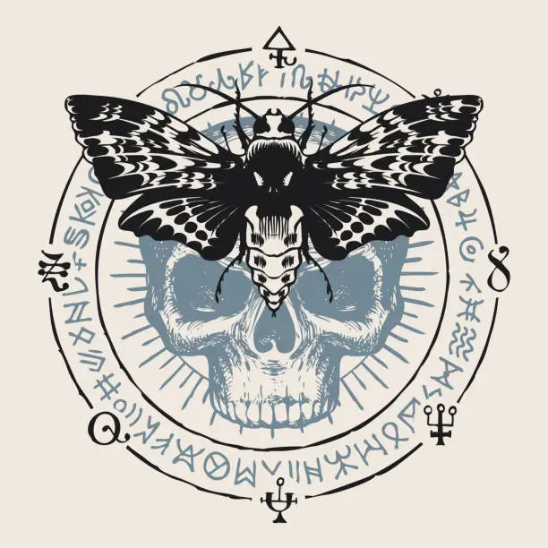 Vector illustration of occult hand-drawn banner with moth and human skull
