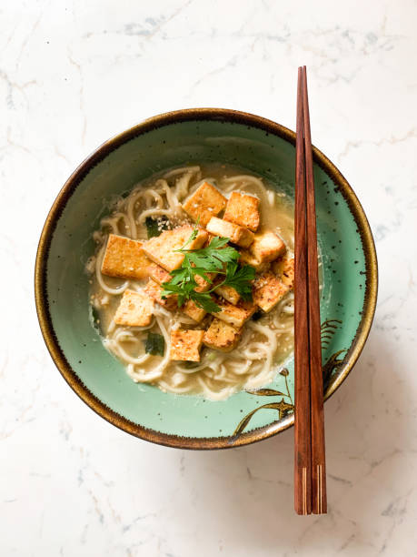 Homemade tofu and miso ramen noodles soup