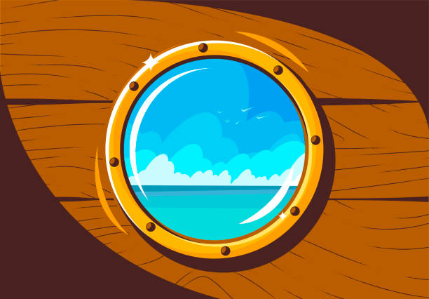 illustrations, cliparts, dessins animés et icônes de illustration vectorielle d’un hublot dans la coque d’un bateau en bois, vue de mer de la cabine par le hublot - meat