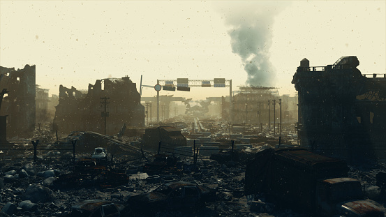 Apocalypse survivor concept, Ruins of a city. Apocalyptic wasteland landscape