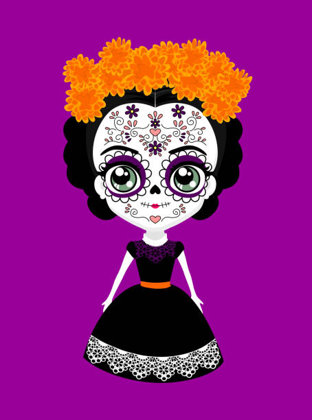 catrina with cempasuchil flowers cute mexican catrina doll with traditional sugar skull make up for dia de muertos celebration and cempasuchil flowers (aztec marigold). isolated on purple background dress up dolls stock illustrations