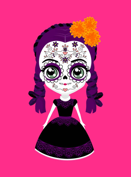 süße catrina mexikanische puppe cartoon - vertical single flower women teenager stock-grafiken, -clipart, -cartoons und -symbole