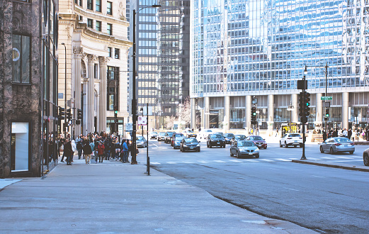 Chicago’s busy streets in daylight.