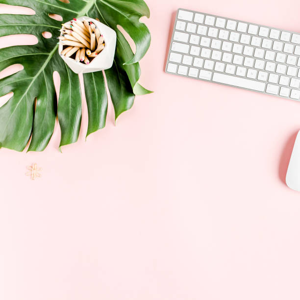 istock Flat lay home office desk. Female workspace with computer, tropical palm leaves Monstera, accessories on pink background. Top view background 1276105037