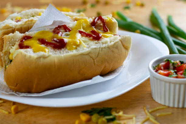 hot dog typical of the City of São Paulo. Brazilian hot dog with mashed potatoes, typical of the City of São Paulo. sketchup stock pictures, royalty-free photos & images