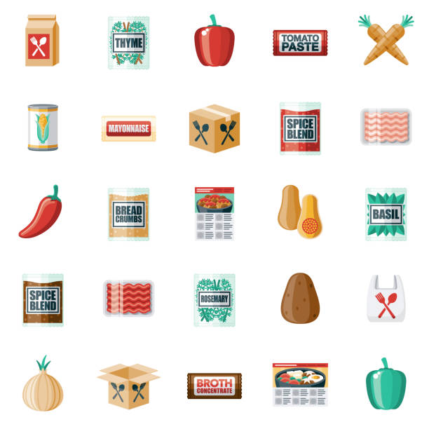 Meal Kit Ingredients Icon Set A flat design meal kit ingredient icon on a colored background. Color swatches are global so it’s easy to edit and change the colors. File is built in CMYK for optimal printing and the background is on a separate layer. red bell pepper stock illustrations