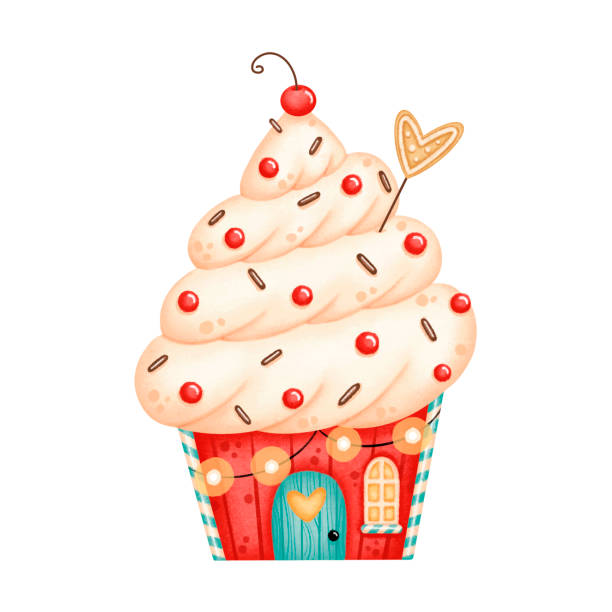 Illustration Of Cute Cartoon Red And Green Christmas Cupcake House Stock  Illustration - Download Image Now - iStock
