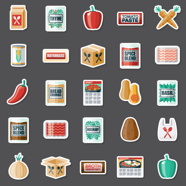 Meal Kit Ingredients Sticker Set A flat design meal kit ingredient icon on a colored background. Color swatches are global so it’s easy to edit and change the colors. File is built in CMYK for optimal printing and the background is on a separate layer. red bell pepper stock illustrations