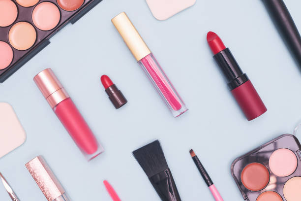 istock set of professional cosmetics, makeup tools and accessories on blue background, concept of beauty, fashion, shopping, flat lay 1276139924