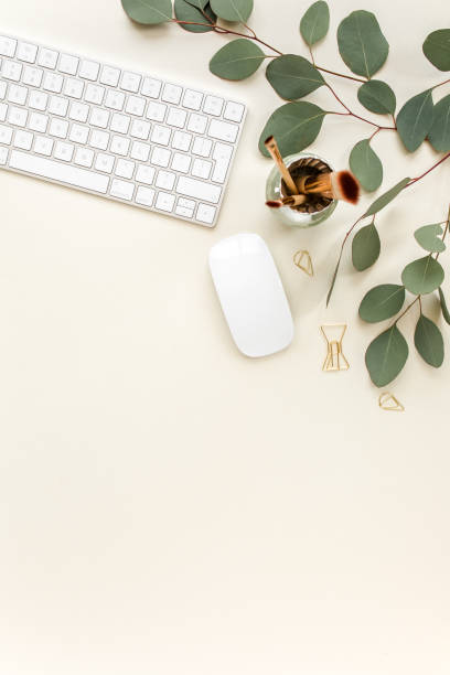 istock Flat lay home office desk. Female workspace with computer, plate sheet monstera, golden accessories, eucalyptus leaves, on beige background. Top view 1276140206
