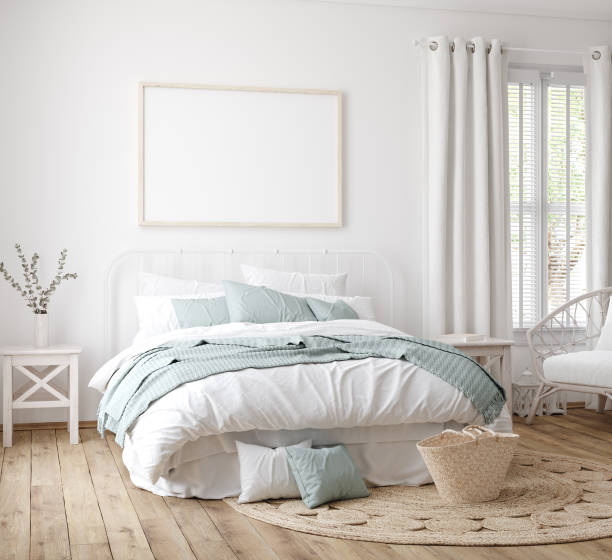 istock Mockup frame in bedroom interior background, Farmhouse style 1276165307