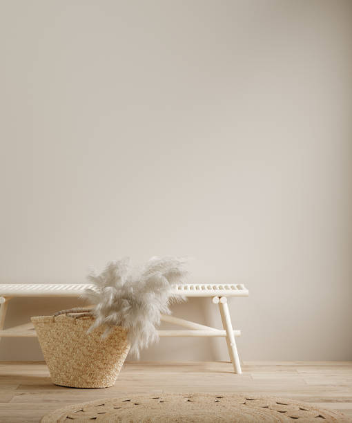 istock Blank wall in interior with wooden bench and pampas grass in wicker handbag 1276165714