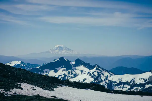 Mt Adams on a clear summer day from Mt Rainier national park in Longmire, WA, United States