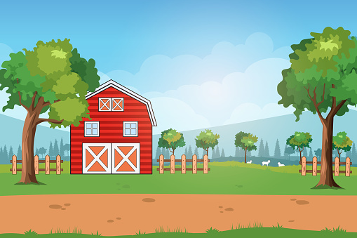 Vector illustration background of the Farm in nature scene with barn and sheep