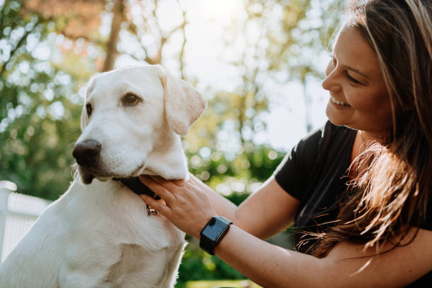istock Woman with her dog in the yard 1276216692