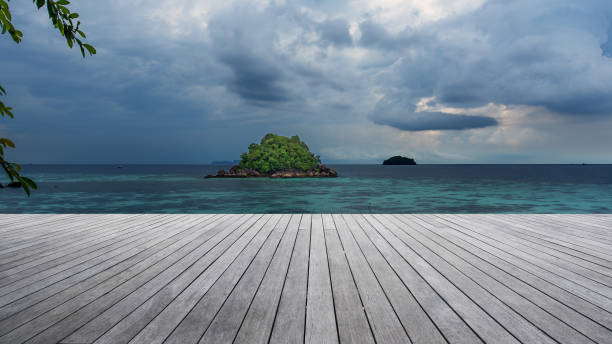 empty wooden balcony terrace and tropical storm scene - textured nature hurricane caribbean sea imagens e fotografias de stock