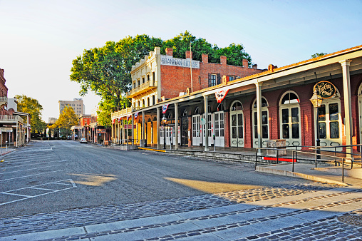 Sacramento, California - USA: This view show part of Old Town Sacramento it shows some historic buildings as well as several shops as this is a poplar area for sightseeing and various tourist and on this July day it was interesting.
