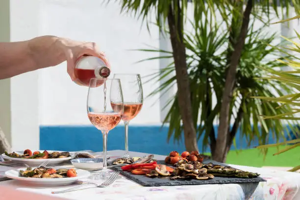 Photo of a hand of woman pouring rose wine during a family party of a lunch. lifestyle concept