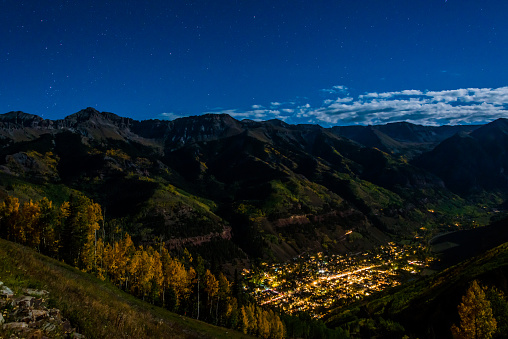 A view of Telluride, Colorado after dark from the mountain.