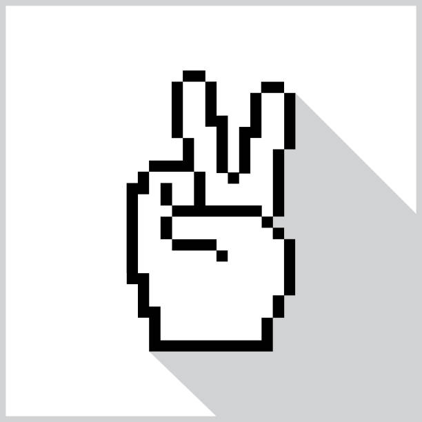 Vector illustration of a pixel peace sign hand with a gray shadow on a white background.