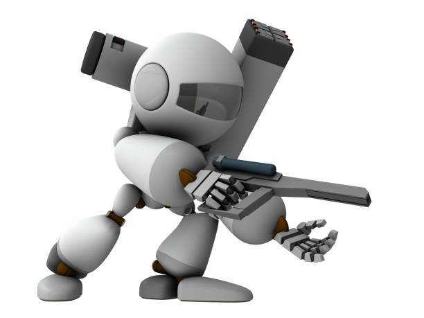 istock A robot soldier who advances little by little while searching for enemies. White background. 3D rendering. 1276355297