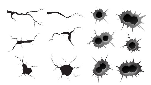 ilustrações, clipart, desenhos animados e ícones de buraco de bala e rachaduras no chão. metal único e duplo buraco de bala, efeito de dano. terremoto e rachaduras no solo, craquelure e textura de parede danificada. ilustrações de vetores para tópicos terremoto, acidente, destruição - bullet hole hole glass destruction