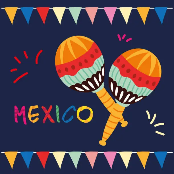 Vector illustration of mexico label with a pair of maracas, musical instrument