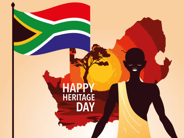 ilustraciones, imágenes clip art, dibujos animados e iconos de stock de feliz día de la herencia con la persona afro y la bandera de sudáfrica en el fondo - flag south african flag south africa national flag