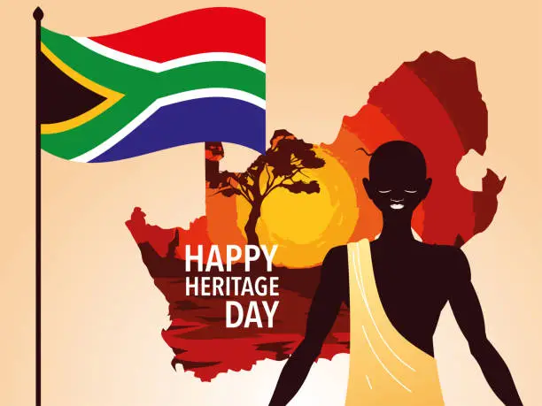 Vector illustration of happy heritage day with person afro and flag of South Africa in the background