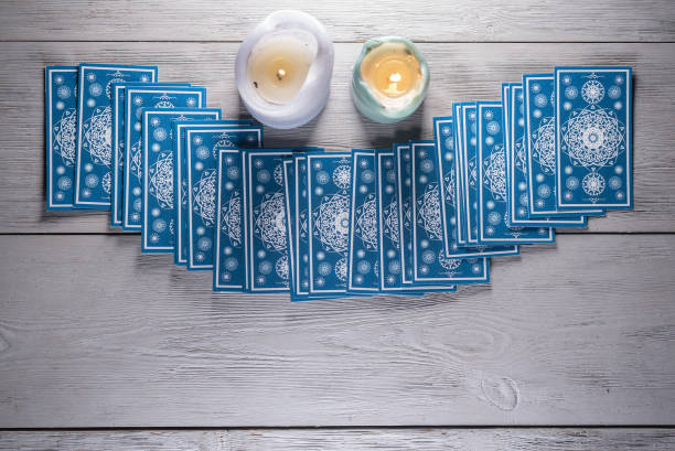 tarot cards. - fortune telling paranormal neon light prophet imagens e fotografias de stock