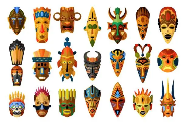 Vector illustration of African mask set isolated on white background