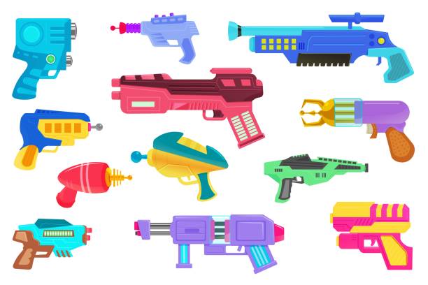 ikona pistoletu blaster ustawiona na białym tle - laser gun shooting space laser stock illustrations