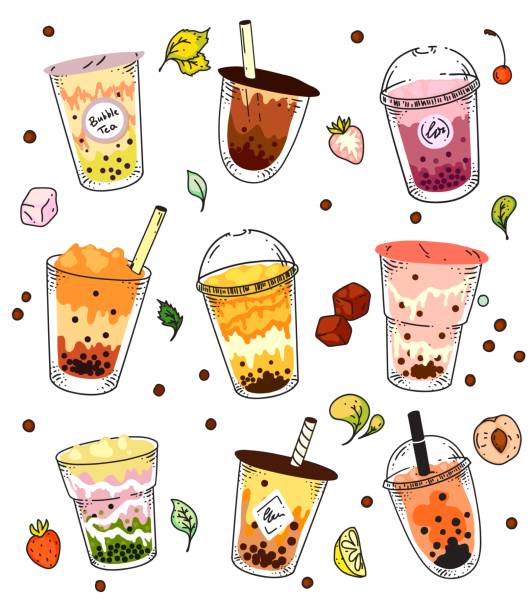 ilustraciones, imágenes clip art, dibujos animados e iconos de stock de juego de té de burbujas. té de leche de perla fría con hielo aislado - malt white background alcohol drink