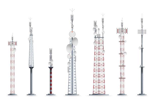 Mobile tower set isolated on white background Mobile tower. Transmission cellular towered construction illustration. Mobile tower with satellite communication antenna. Vector TV radio network broadcast equipment set isolated on white background antenna aerial stock illustrations
