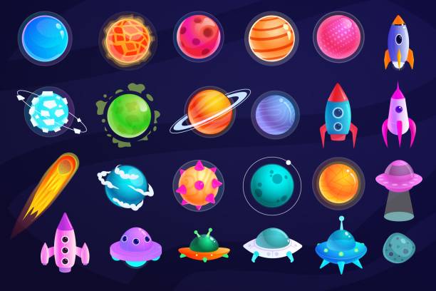 Fantasy space set isolated on dark background Space object. Alien planet, UFO spaceship, astronaut rocket and missile cosmic object vector icon. Fantasy space set isolated on dark background. Astronomy and outer space exploration illustration galaxy illustrations stock illustrations