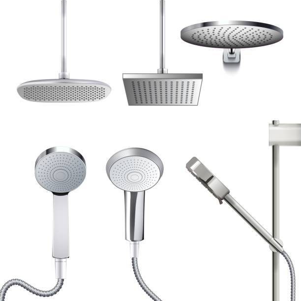 Chrome shower head set isolated on white backdrop Shower head. Realistic vector chrome bathroom sprinkler different shape and size. Elegant douche with water rain spray hole. Metallic shower head template set isolated on white background illustration shower head stock illustrations