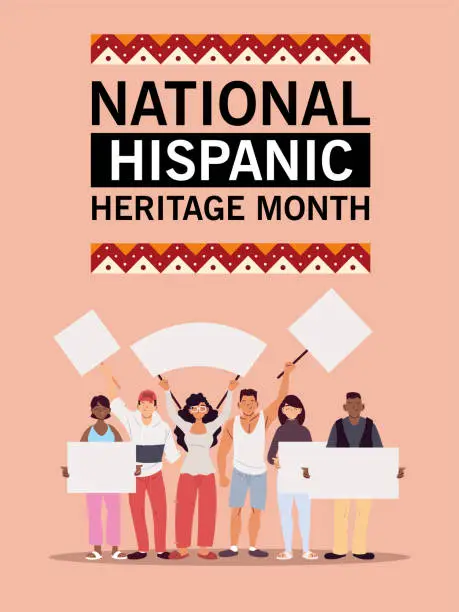 Vector illustration of national hispanic heritage month with latin men and women with banners vector design