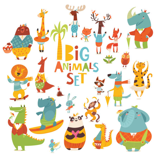 Big vector cartoon set of Wild animals funny characters in flat style Big vector set of cute cartoon animals. Bundle of cute cartoon animals characters isolated on white background. Set of colorful vector illustrations in flat cartoon style. animal stickers stock illustrations