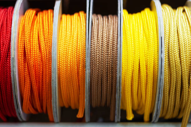 istock Bright multi-colored laces in bobbins, close-up front view. 1276366670