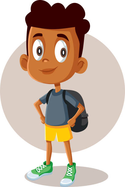 African Male Student on the Way to School Cute school boy standing holding his backpack junior high age stock illustrations