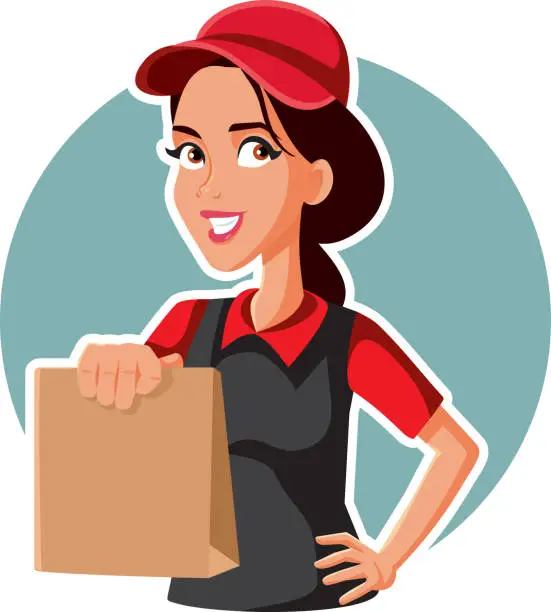 Vector illustration of Female Fast Food Worker Holding Delivery Bag