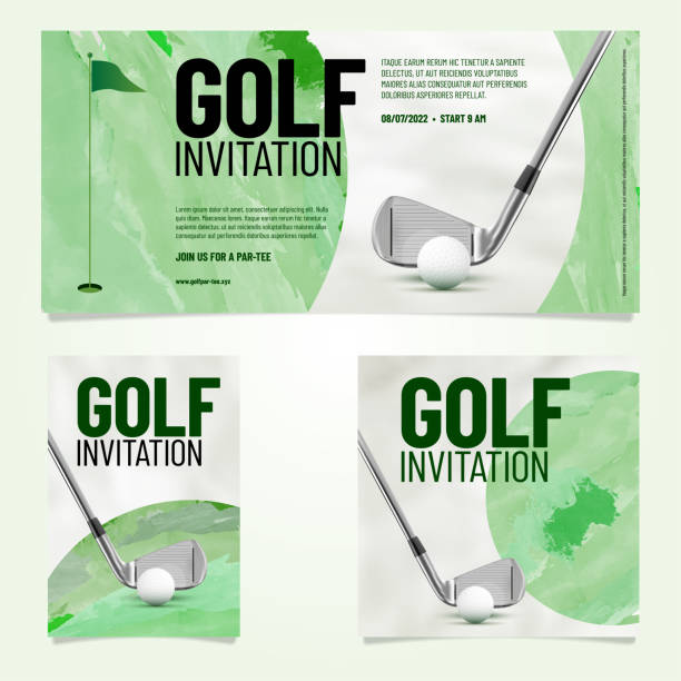 illustrazioni stock, clip art, cartoni animati e icone di tendenza di tre modelli di invito golf con orientamento diverso con testo di esempio - golf