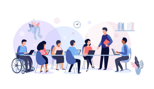 ilustrações, clipart, desenhos animados e ícones de reunião de negócios e trabalho em equipe. - focus group