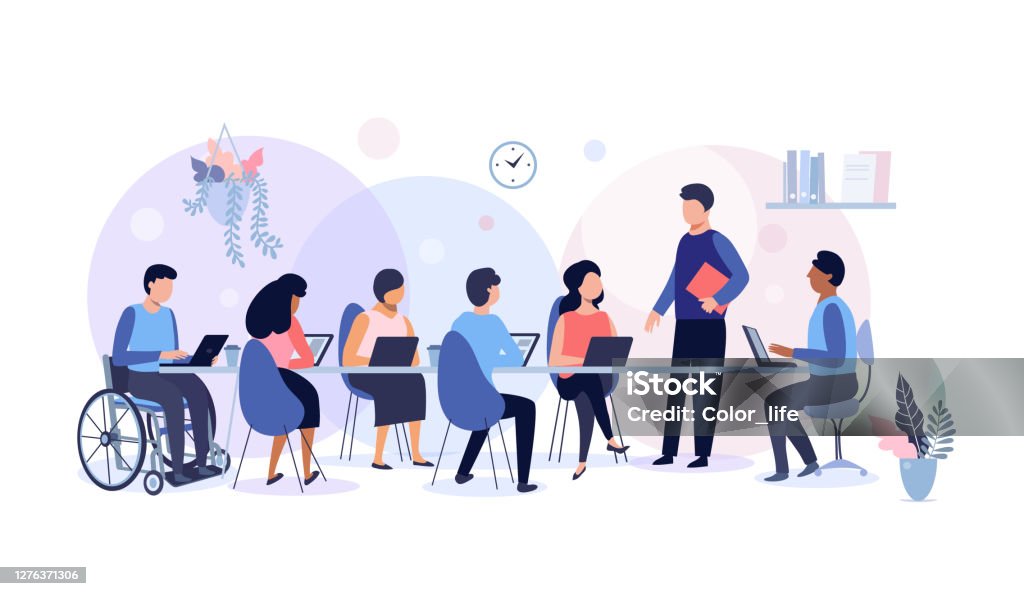 Business meeting and team work. Business meeting and team work, group of people working in office, planning, workflow, time management and presentation concept, vector illustration. Meeting stock vector