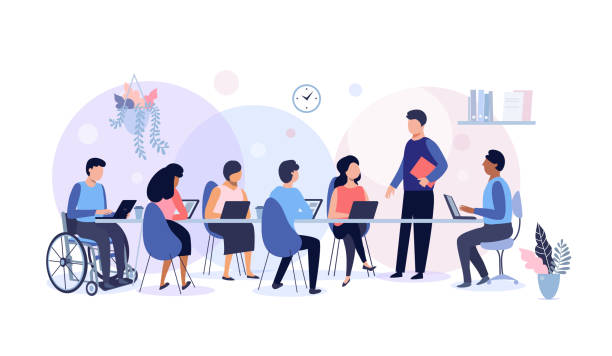 Business meeting and team work. Business meeting and team work, group of people working in office, planning, workflow, time management and presentation concept, vector illustration. accessibility for persons with disabilities stock illustrations