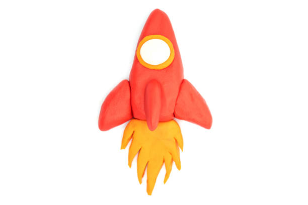 play dough rocket on white background. icon rocket. handmade clay plasticine - modeling clay imagens e fotografias de stock