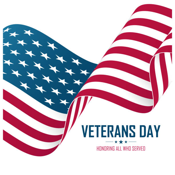ilustraciones, imágenes clip art, dibujos animados e iconos de stock de el día de los veteranos de ee. uu. celebra la tarjeta con estados unidos ondeando la bandera nacional. honrando a todos los que sirvieron. - honoring