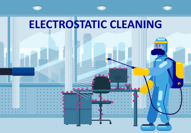 Electrostatic Disinfection Cleaning service. Man dressed in uniform in a special suit with equipment with electrostatic spray conducts disinfection in the office Electrostatic Disinfection Cleaning service. Man dressed in uniform in a special suit with equipment with electrostatic spray conducts disinfection in the office. Vector illustration in a flat style hand water pump stock illustrations