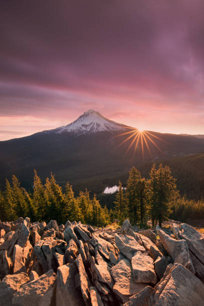 Majestic View of Mt. Hood on a bright, colorful sunset during the summer months in Mount Hood National Forest, Oregon Most popular landscape background Majestic View of Mt. Hood on a bright, colorful sunset during the summer months in Mount Hood National Forest, Oregon sunset dew stock pictures, royalty-free photos & images